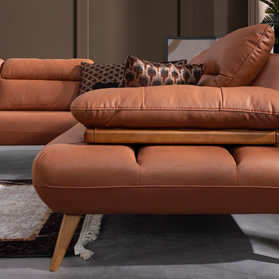 Bugatti Taba Rengi Deri Görünümlü Köşe Koltuk Takımı, Ahşap Ayaklı, Geniş ve Konforlu Oturum Alanı