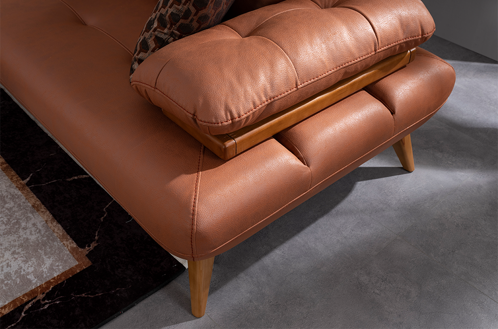 Bugatti Taba Rengi Deri Görünümlü Köşe Koltuk Takımı, Ahşap Ayaklı, Geniş ve Konforlu Oturum Alanı