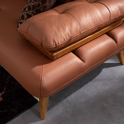 Bugatti Taba Rengi Deri Görünümlü Köşe Koltuk Takımı, Ahşap Ayaklı, Geniş ve Konforlu Oturum Alanı