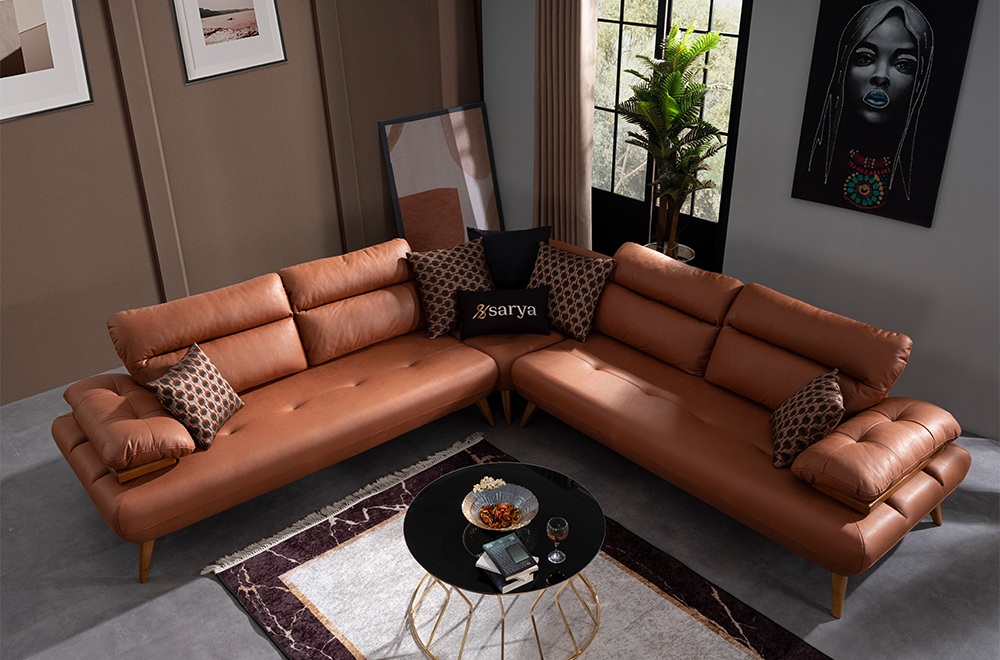 Bugatti Taba Rengi Deri Görünümlü Köşe Koltuk Takımı, Ahşap Ayaklı, Geniş ve Konforlu Oturum Alanı