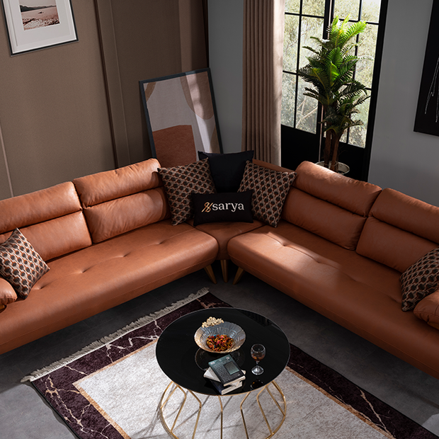 Bugatti Taba Rengi Deri Görünümlü Köşe Koltuk Takımı, Ahşap Ayaklı, Geniş ve Konforlu Oturum Alanı