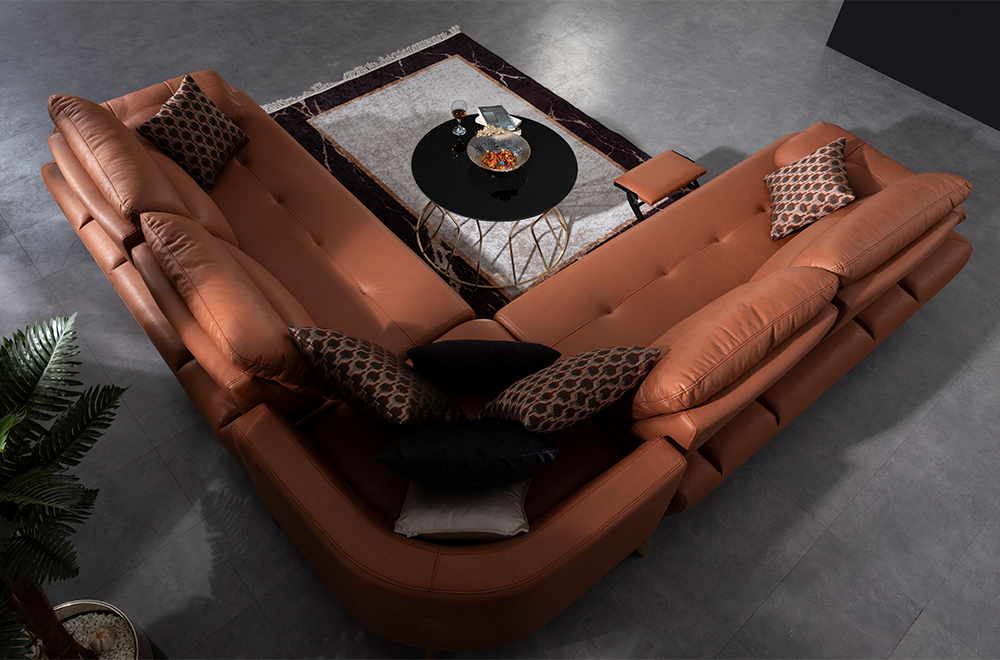 Bugatti Taba Rengi Deri Görünümlü Köşe Koltuk Takımı, Ahşap Ayaklı, Geniş ve Konforlu Oturum Alanı