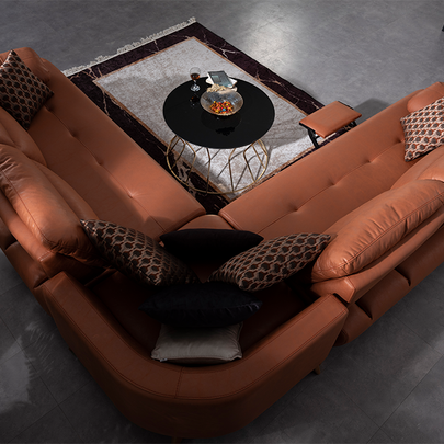 Bugatti Taba Rengi Deri Görünümlü Köşe Koltuk Takımı, Ahşap Ayaklı, Geniş ve Konforlu Oturum Alanı