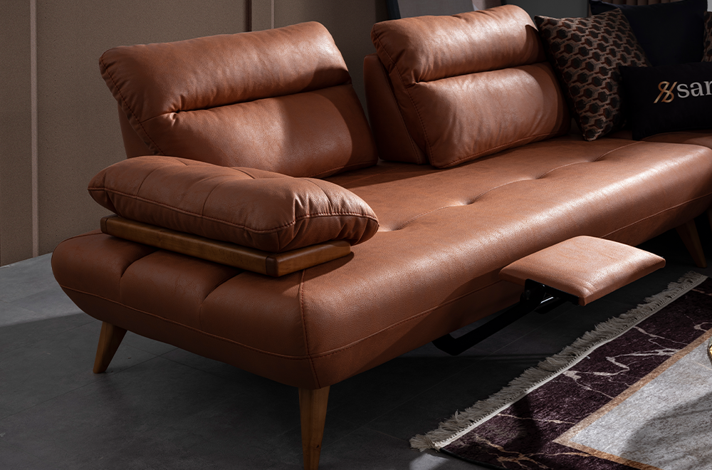 Bugatti Taba Rengi Deri Görünümlü Köşe Koltuk Takımı, Ahşap Ayaklı, Geniş ve Konforlu Oturum Alanı