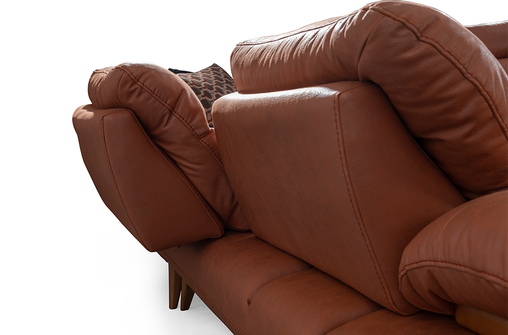 Bugatti Taba Rengi Deri Görünümlü Köşe Koltuk Takımı, Ahşap Ayaklı, Geniş ve Konforlu Oturum Alanı