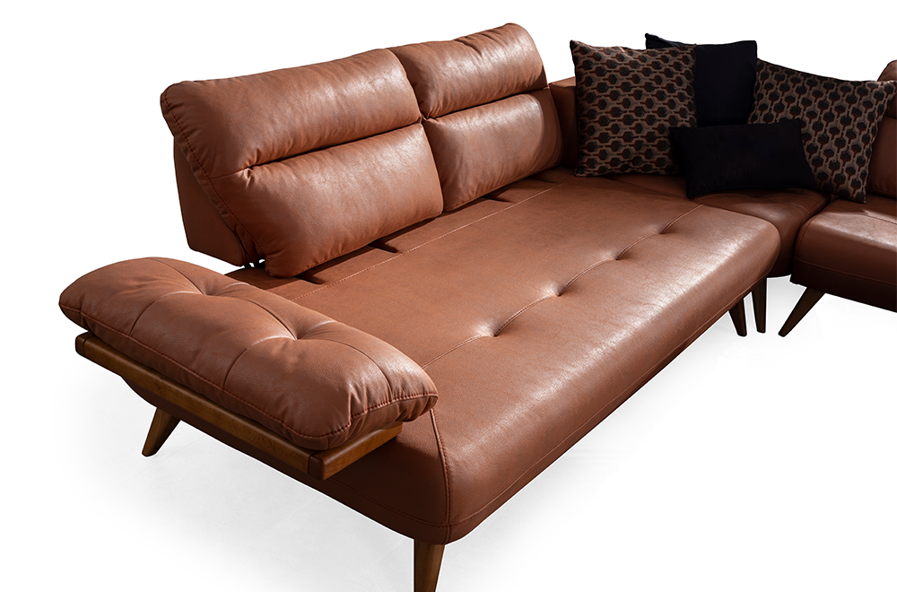 Bugatti Taba Rengi Deri Görünümlü Köşe Koltuk Takımı, Ahşap Ayaklı, Geniş ve Konforlu Oturum Alanı