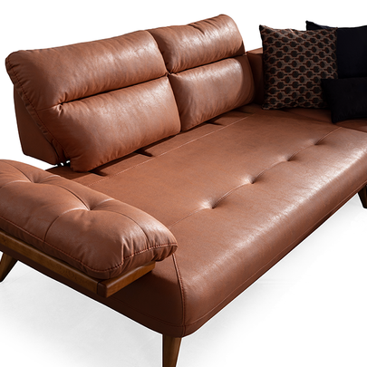 Bugatti Taba Rengi Deri Görünümlü Köşe Koltuk Takımı, Ahşap Ayaklı, Geniş ve Konforlu Oturum Alanı