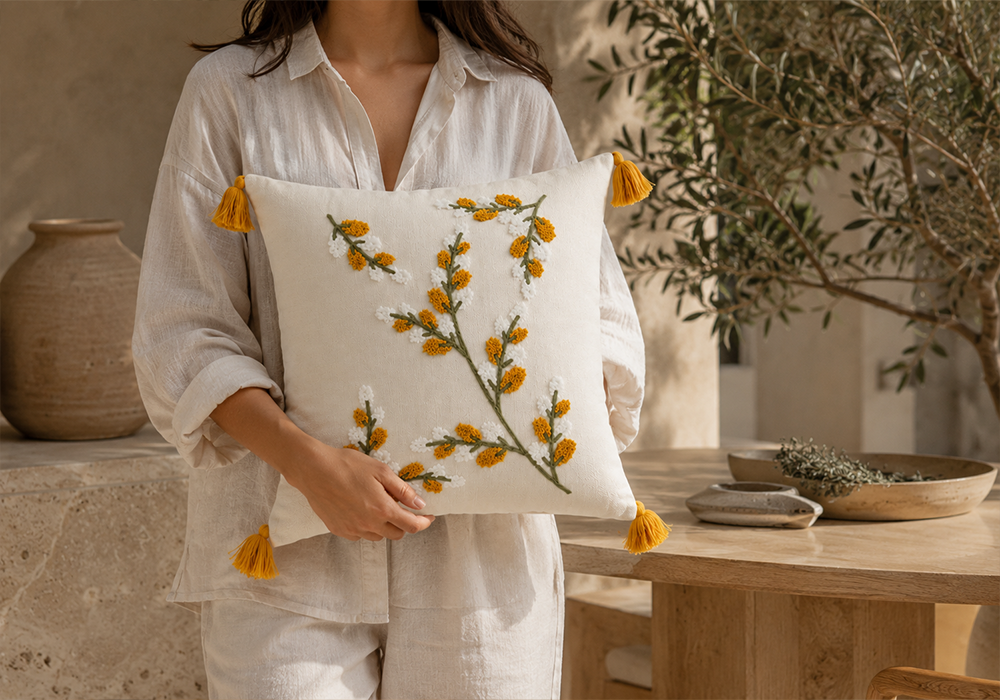 Celina kabartmalı çiçek desenli dekoratif yastık kılıfı