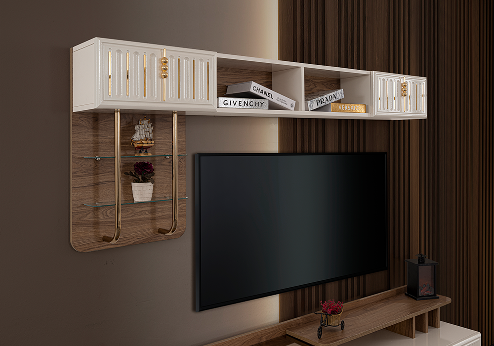 Gold kulplu geniş depolama alanlı TV ünitesi modeli