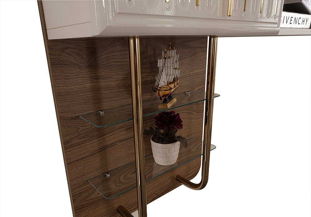 Gold kulplu geniş depolama alanlı TV ünitesi modeli