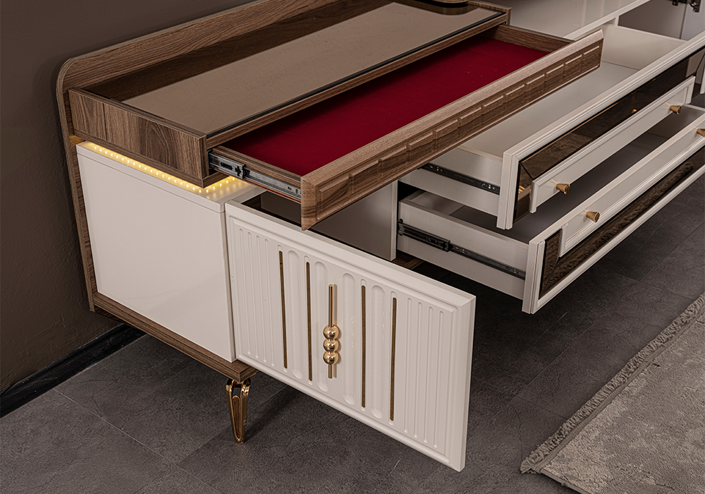 Gold kulplu geniş depolama alanlı TV ünitesi modeli