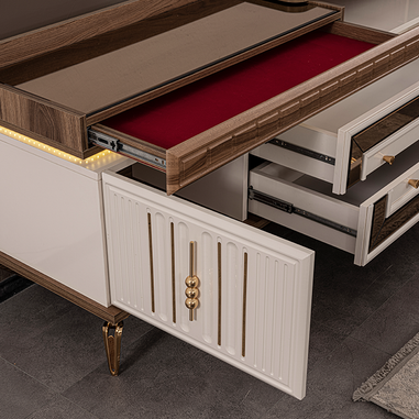 Gold kulplu geniş depolama alanlı TV ünitesi modeli