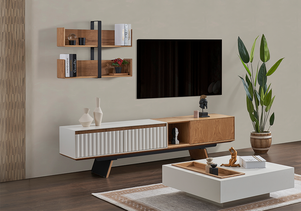 City ceviz beyaz TV ünitesi modern salon dekorasyonu