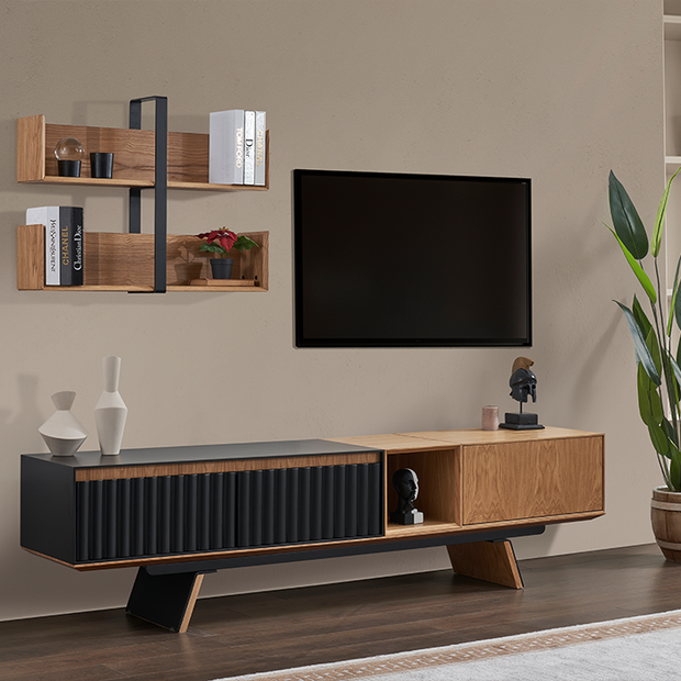 City siyah ceviz TV ünitesi modern salon dekorasyonu