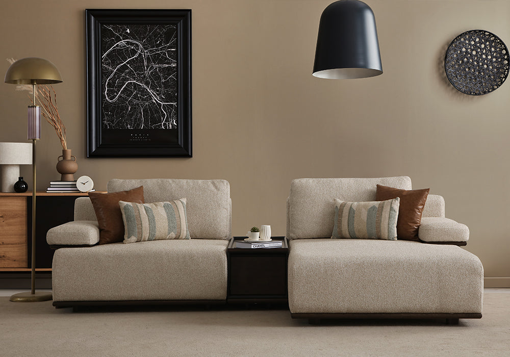 Como köşe koltuk takımı minimal modern salonda krem tonlu mini L köşe koltuk tasarımı