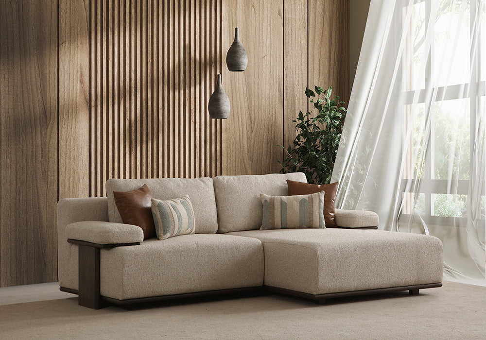 Como köşe koltuk takımı geniş modern salonda krem tonlu mini L köşe koltuk tasarımı