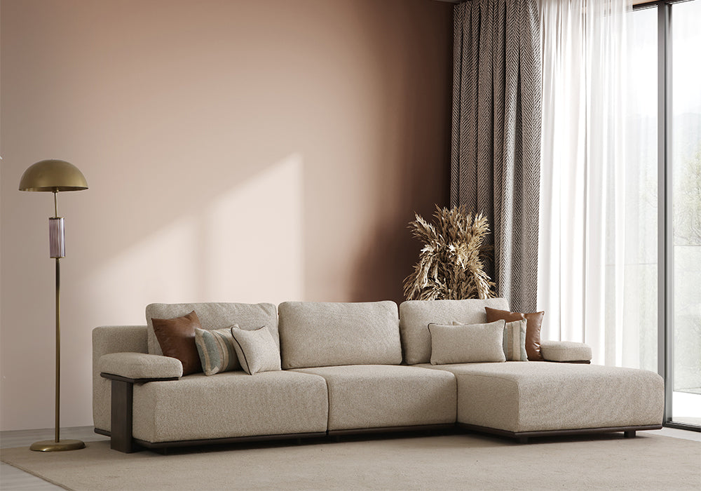 Como köşe koltuk takımı geniş modern salonda krem tonlu minimal L köşe koltuk tasarımı
