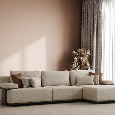Como köşe koltuk takımı geniş modern salonda krem tonlu minimal L köşe koltuk tasarımı
