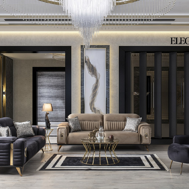 Elegance Lüks Koltuk Takımı, Füme ve Bej Renkli, Metal Detaylı, Gold Ayaklı Modern Salon Takımı