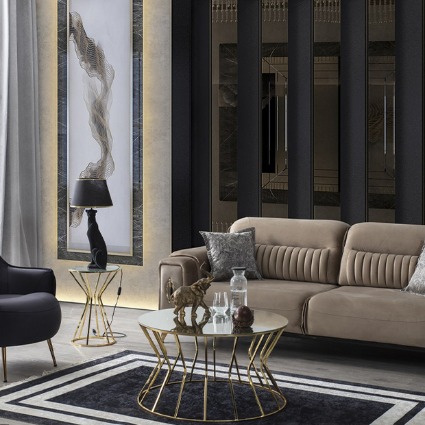 Elegance Lüks Koltuk Takımı, Füme ve Bej Renkli, Metal Detaylı, Gold Ayaklı Modern Salon Takımı