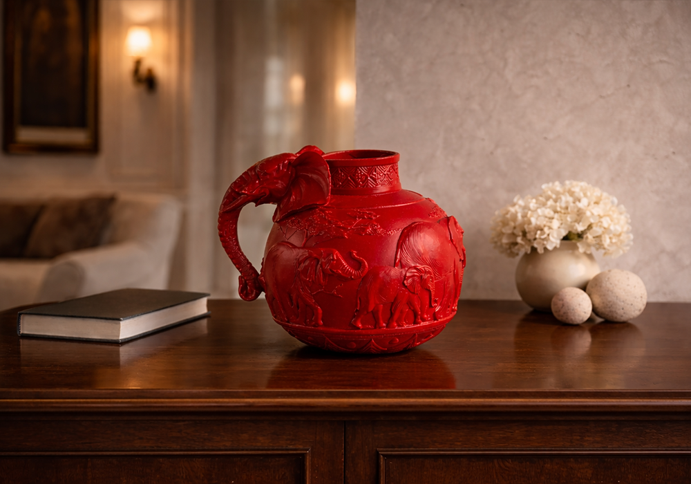 Filli kırmızı vazo dekoratif obje modern konsol üzerinde