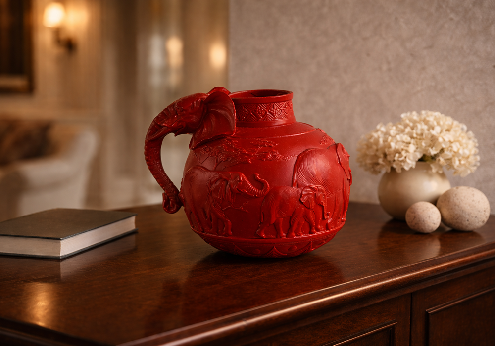 Modern ev dekorasyonunda filli tasarımlı kırmızı vazo