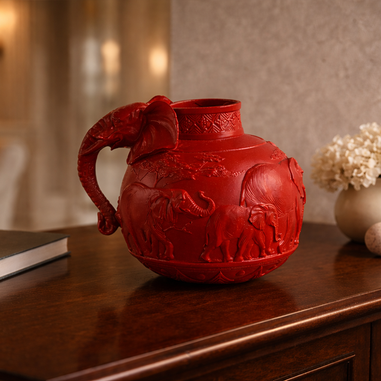 Modern ev dekorasyonunda filli tasarımlı kırmızı vazo