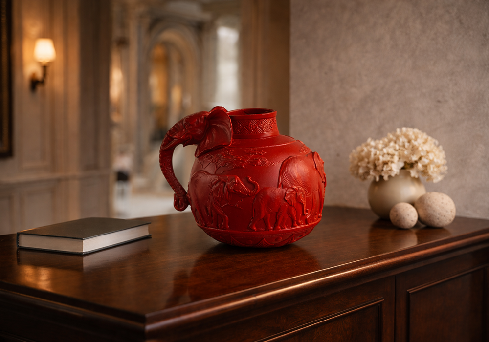 Kırmızı renkli filli dekoratif vazo salon dekorasyonu