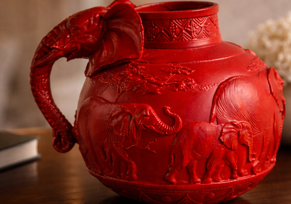 Minimal interior tasarımda kırmızı filli vazo detay görünüm