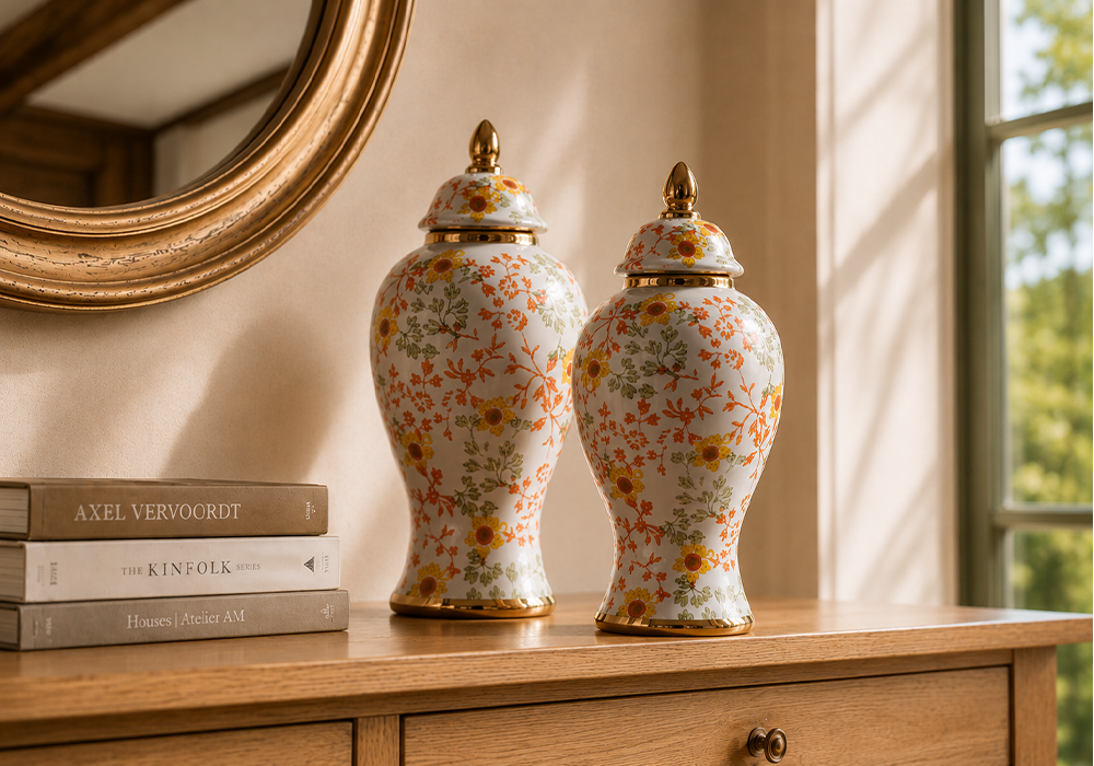 Fiora gold detaylı çiçek desenli dekoratif seramik vazo seti 
