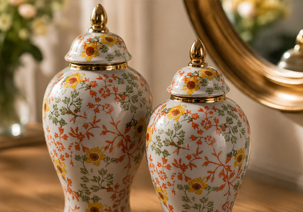 Fiora gold detaylı çiçek desenli dekoratif seramik vazo seti yakın detay