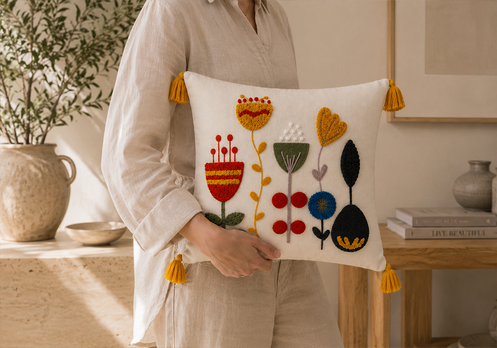 Florelle dekoratif yastık kılıfı botanik desenleriyle modern ev dekorasyonu