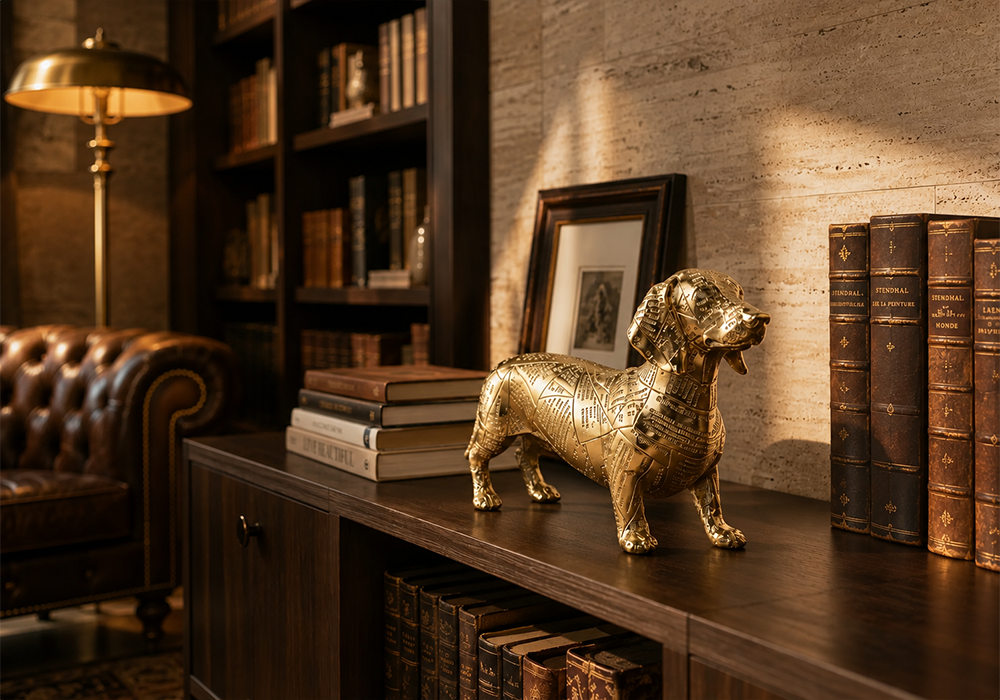 Konsol üzerinde sergilenen Gold Renk Gazete Köpek Dekoratif Obje