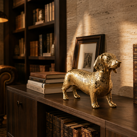 Konsol üzerinde sergilenen Gold Renk Gazete Köpek Dekoratif Obje