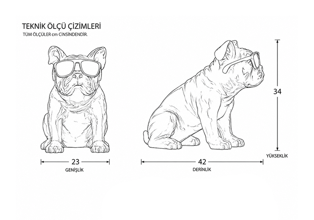 Parlak gold yüzeyli bulldog dekoratif obje modeli teknik çizim