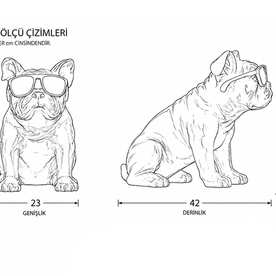 Parlak gold yüzeyli bulldog dekoratif obje modeli teknik çizim
