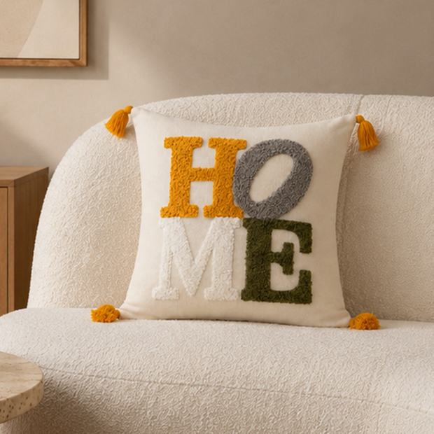 Home punch işlemeli nakışlı dekoratif kırlent kılıfı krem koltuk üzerinde salon dekorasyonu
