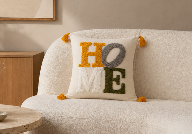 Home punch işlemeli nakışlı dekoratif kırlent kılıfı krem koltuk üzerinde salon dekorasyonu