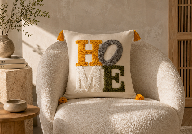 Home punch işlemeli nakışlı dekoratif kırlent kılıfı krem berjer üzerinde salon dekorasyonu
