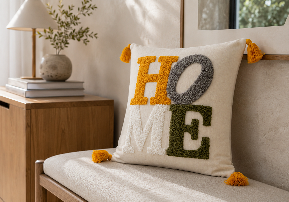 Home dekoratif yastık kılıfı doğal tonlarda yaşam alanı dekorasyonu