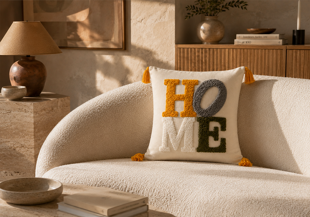 Home punch işlemeli nakışlı dekoratif kırlent kılıfı krem koltuk üzerinde salon dekorasyonu
