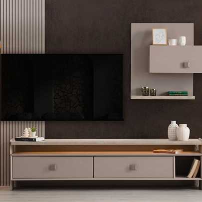 Modern ve minimalist bir solanda Treverten desenli İnci TV Ünitesi