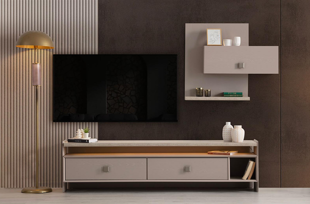 Modern ve minimalist bir solanda Treverten desenli İnci TV Ünitesi