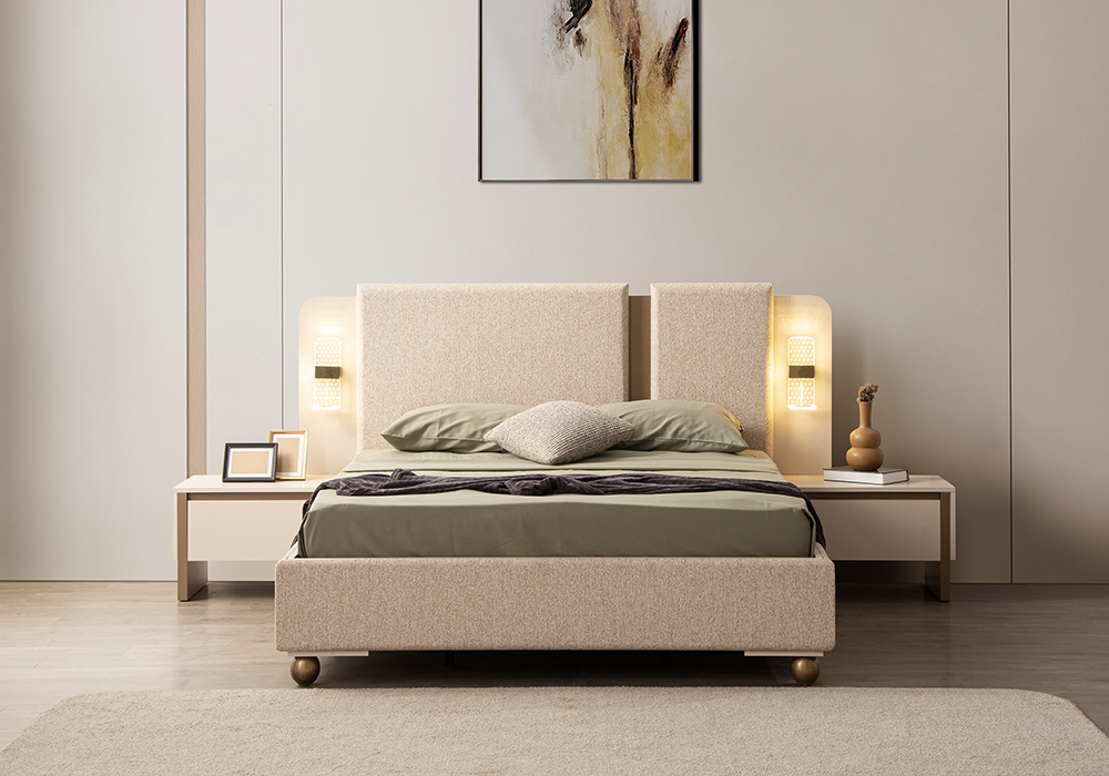 Minimal modern yatak odası için İz karyola ve komodin