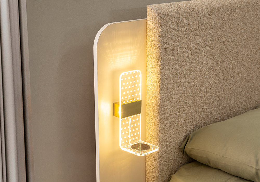 Minimal modern yatak odası için İz karyola ve başucu dokunmatik led aydınlatma, temassız şarj özelliği