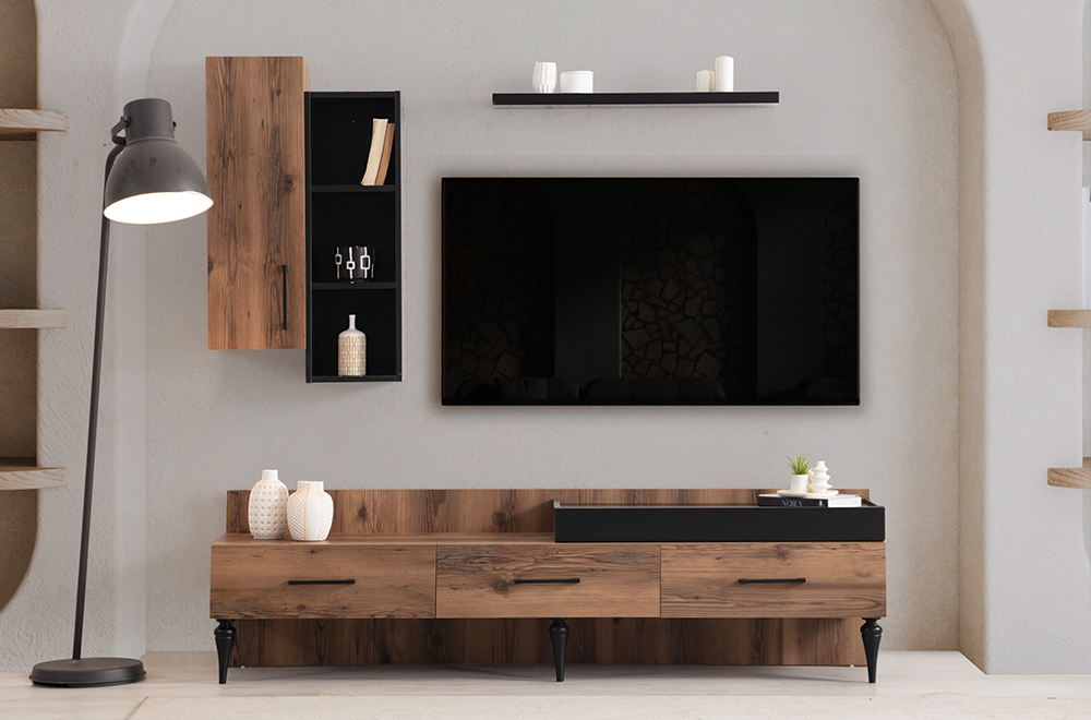 Mistik bir salonda ceviz ve siyah renk tonlarında Lidya TV Ünitesi