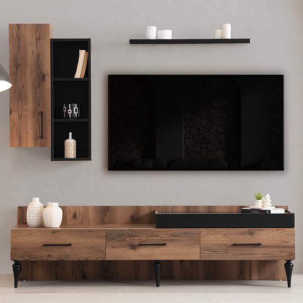 Mistik bir salonda ceviz ve siyah renk tonlarında Lidya TV Ünitesi
