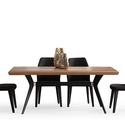 Ceviz/kahverengi tonlarda modern konsol, üzerinde aynalar ve siyah kadife sandalyelerin bulunduğu yemek odası.