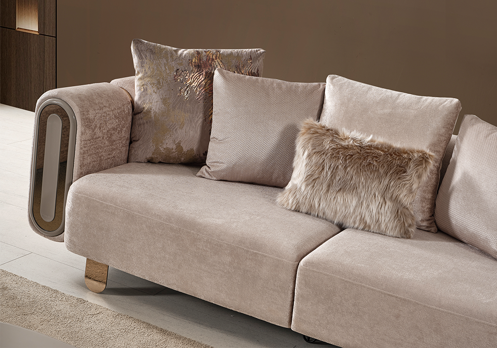 Liora koltuk takımı gold renk metal ayaklı ve detaylara sahip üçlü koltuk
