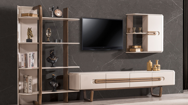 Lotus Kitaplık ve Çekmeceli TV Ünitesi, Krem ve Ahşap Detaylı Modern Televizyon Sehpası